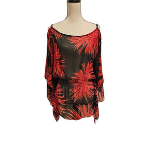 🚨Black & Red Tropical Palm Print Cold Shoulder Sheer Top